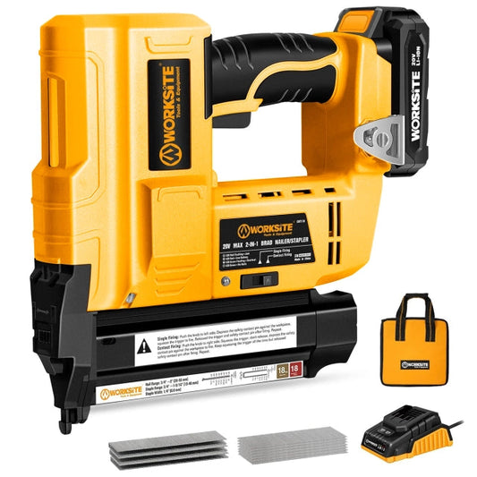 WORKSITE 2-In-1 Brad Nailer Stapler 18 Gauge Battery Powered Portable Nail Gun Compatible with 3/4 Inches~2Inches Nails and 3/4 Inches~1-9/16 inches Staples- CNT116 Worksite Power Tools