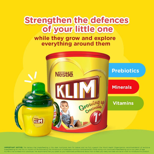 Nestle Klim Growing Up Milk 1 Plus 1600G - KLIM® 1+ Growing Up which provides them with vitamins, minerals, and prebiotics. - 7501059276024 Pie's Variety Store
