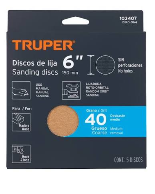 Truper 60 Gram, Round Orbit Grinder Sanding Paper Disc, 5PCS for Wood Sanding Buffing Polishing - 17848 mega