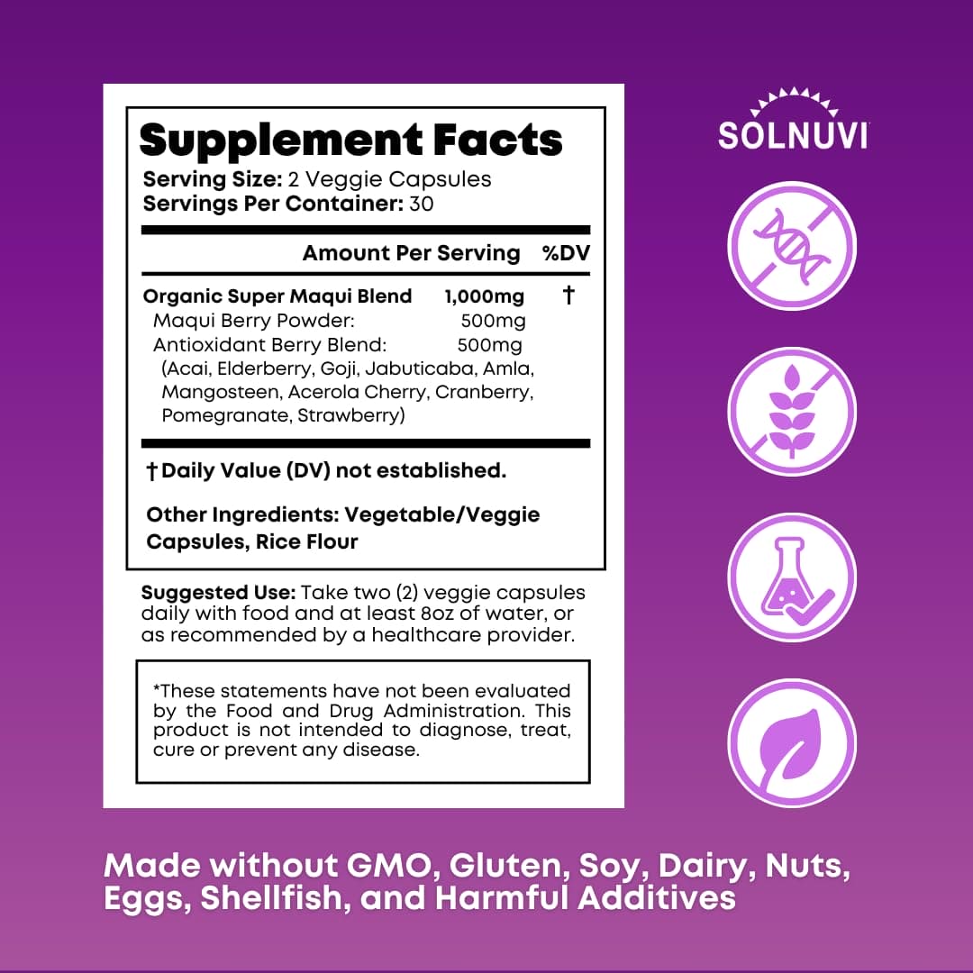 Organic Super Maqui Berry Capsules - Superfood Powder - Elderberry Extract, Cranberry, Pomegranate, Acai - Dry Eye & Tear Support, Gut Health, Skin - 60 Vegan Capsules, Non GMO, Gluten Free Supplement SOLNUVI