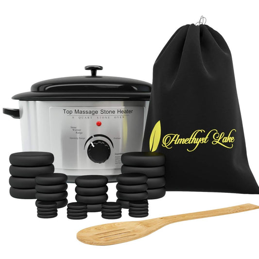 Amethyst Lake Hot Stones Massage Set With Warmer Pot - 36 Basalt Hot Stone 6 Quart Oven Water Heater Kit, Portable & Perfect for Salon and Home Use with Black Velvet Drawstring Bag & Wood Spatula Amethyst Lake