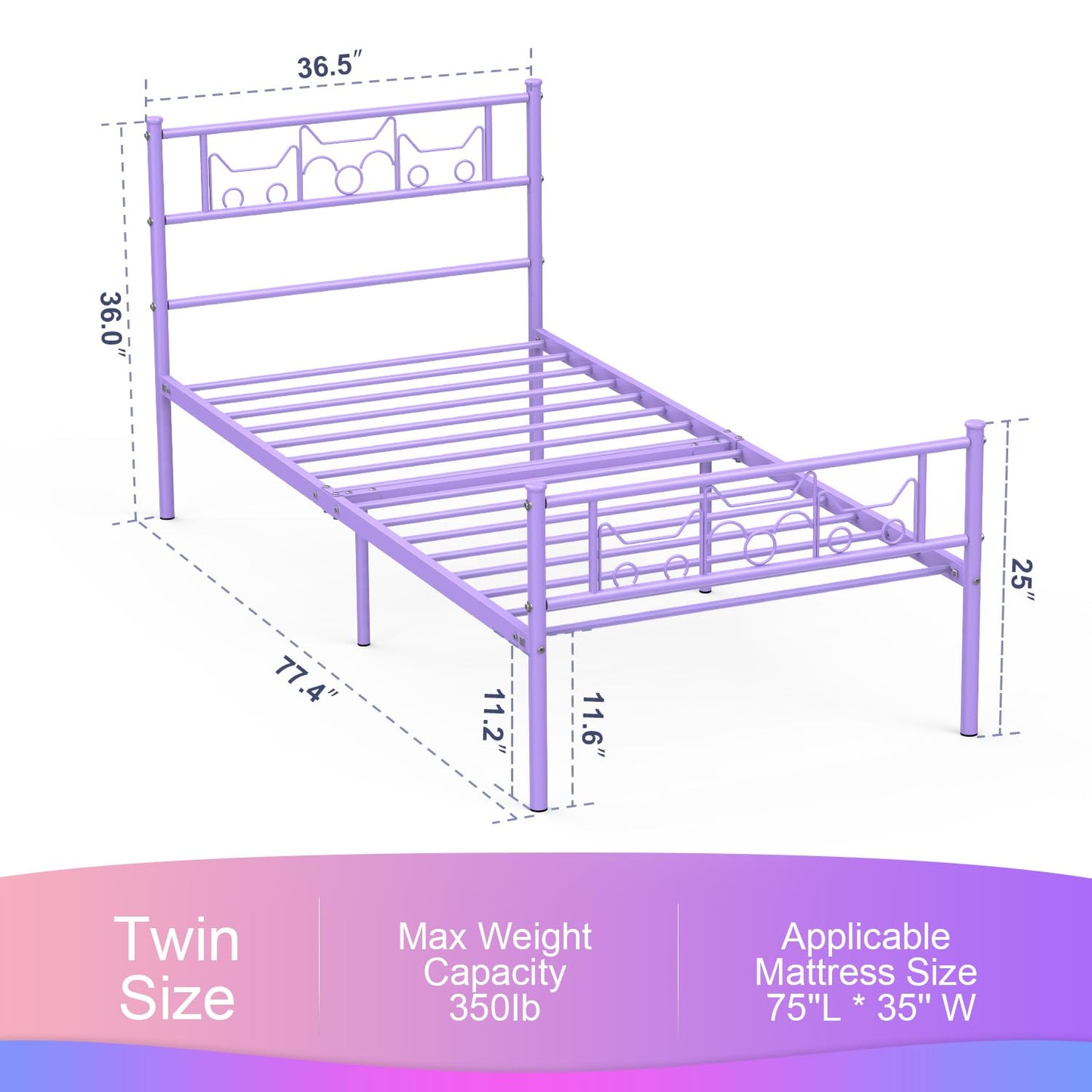 Twin Bed Frames - Twin Size Beds Princess Metal Platform Bed Frame Mattress Foundation Support for Kids Girls with Headboard, Footboard, Bedside Storage Caddy, Purple GIME