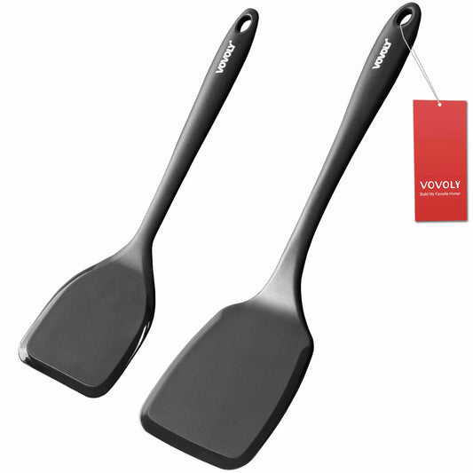 Silicone Spatula Set, 600°F Heat Resistant Silicone Spatula Turner Flipper for Cooking, Non Stick and Non Scratch Kitchen Utensils for Eggs, Burgers, Crepes, 2-Pack Solid Spatulas Set, Black Vovoly