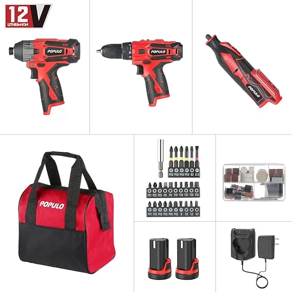 POPULO 12V Max Lithium-ion Cordless Combo Kit (3-Tool), Power Drill Driver, 1/4 in. Impact Driver, Power Rotary Tool Combo Kit with 2.0Ah Batteries (2-Pack), Charger and Tool Bag- PLCK-1202 Argos Distributors