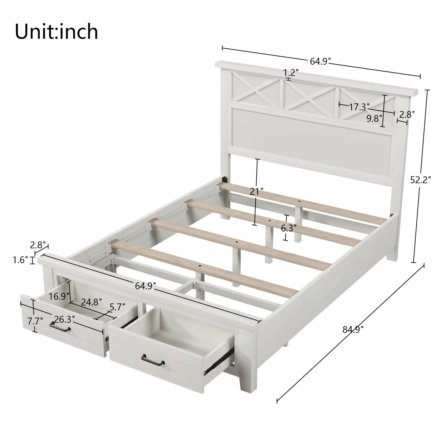 Rustic Farmhouse Style Queen Platform Storage Bed with Two Drawers,White ebuystt