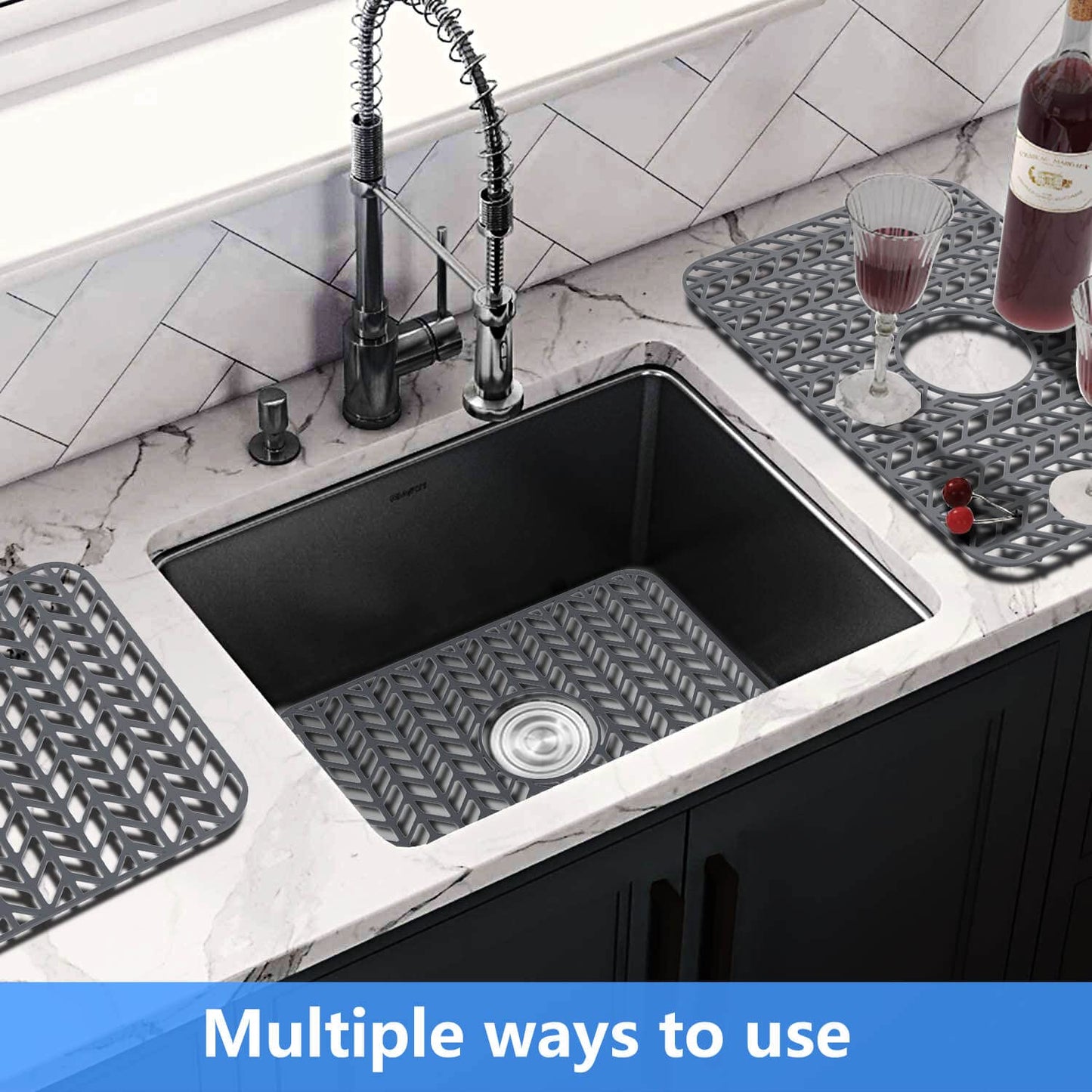 Silicone sink mat protectors for Kitchen12”13”16”18”19”24”26”28”29”.JIUBAR Kitchen Sink Protector Grid for Farmhouse Stainless Steel accessory with Center Drain.(18.2''x 12.5''Grey) JIUBAR