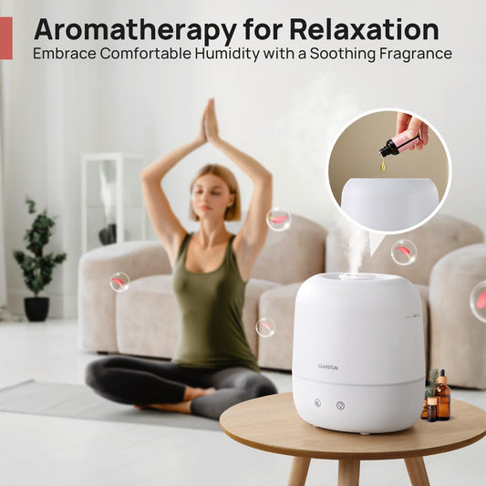 Clarston 2L Cool Mist Humidifier for Bedroom with 360° Adjustable Nozzle, High and Low Mist Levels, Ultra-Low Noise, Light-Off, No BPA, Auto Shut Off, Ideal Baby Humidifier with Easy Top Filling CLARSTON