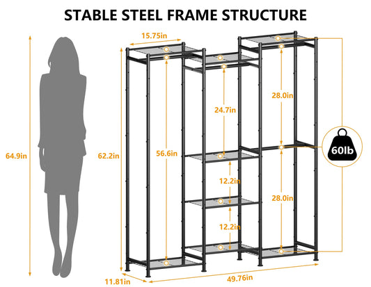 HOMIDEC Wardrobe Closet, 4 Hanging Spaces Portable Clothes Rack,Free Standing Closet Organizer and Storage System with Hanging Rods,Clothing Rack Suitable for Cloakroom,Bedroom,Entrances,etc.Black HOMIDEC