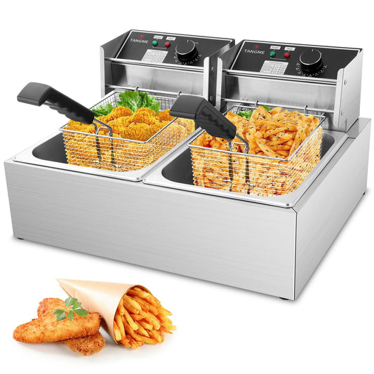 Commercial Deep Fryer, 3400W Electric Deep Fryers with 2x6.35QT Baskets Thickened Stainless Steel Countertop Oil Fryer 20.7QT Large Capacity with Lids Temperature Controller (12L) TANGME