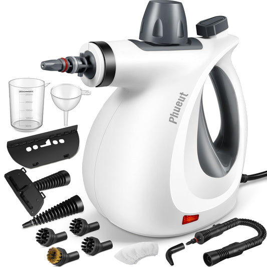 Phueut Pressurized Handheld Multi-Surface Natural Steam Cleaner with 12 pcs Accessories, Multi-Purpose Steamer for Home Use, Steamer for Cleaning Floor, Upholstery, Grout and Car (Grey) Phueut