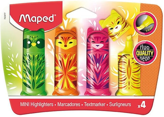 Maped - 4 Fluo'Peps Mini CUTE Highlighter Pens - Small Original Animal Pocket Markers - 4 Colors: Green, Orange, Pink and Yellow) - 3154147436776 Pie's Variety Store