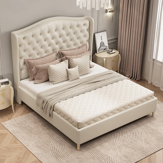 LSIGHTUS White King Size Genuine Leather Bed Upholstered Platform Bed Frame with Wingback Headboard and Lift Up Storage Strong Wooden Slat Support No Box Spring Needed LSIGHTUS