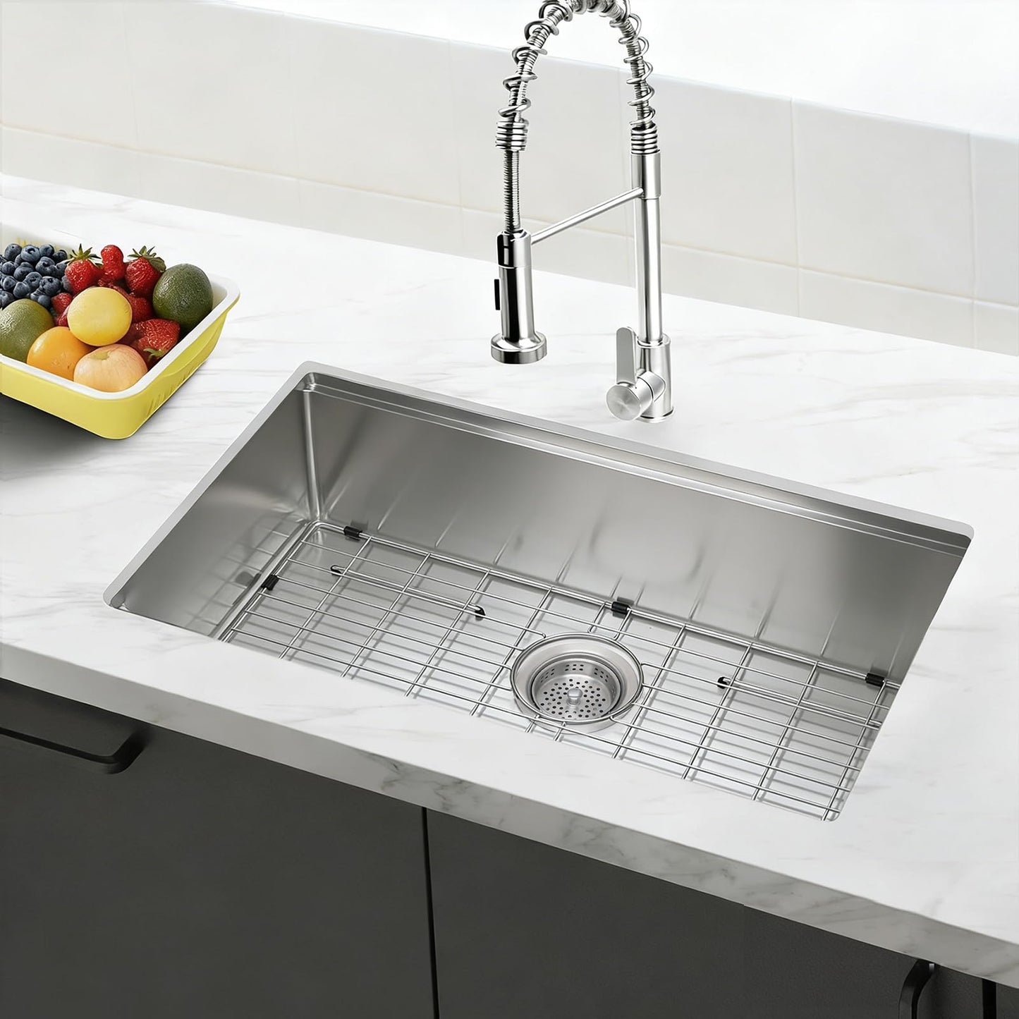 Sanycasa Stainless Steel Kitchen Sink Grid – 24-3/4” x 15-5/8” Sink Protector for Single Bowl Sinks – Rear Drain with Corner Radius 3/8", Durable Sink Grate & Drying Rack for Glassware SANYCASA