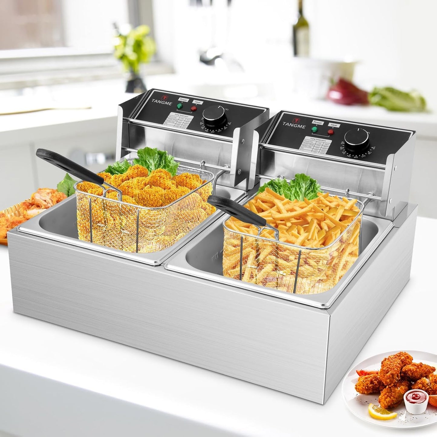 Commercial Deep Fryer, 3400W Electric Deep Fryers with 2x6.35QT Baskets Thickened Stainless Steel Countertop Oil Fryer 20.7QT Large Capacity with Lids Temperature Controller (12L) TANGME