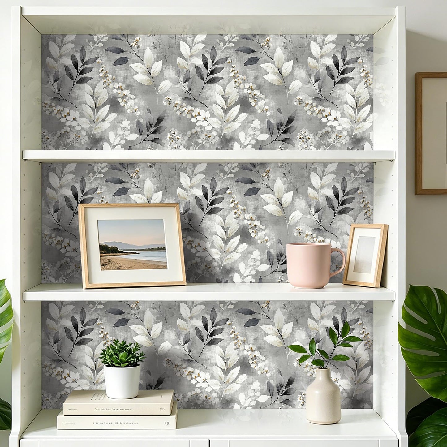 HelloWall Grey Botanical Wallpaper Peel and Stick Modern Farmhouse Wallpaper Gray Leaf French Grey White Flower Botanical Nature Minimalist Floral Watercolor Leaf Contact Paper Self Adhesive 17.5x80 HelloWall