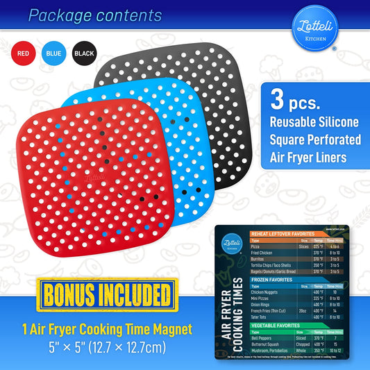 Reusable Silicone Air Fryer Liners with Air Fryer Magnetic Cheat Sheet, Easy Clean Air Fryer Accessories, Non Stick, AirFryer Accessory Parchment Paper Replacement (Square 8.5") ebuys