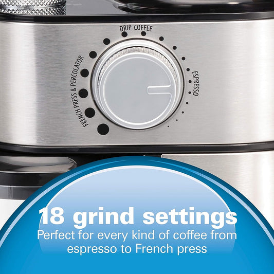 Hamilton Beach Electric Burr Coffee Grinder - Offers 18 grind settings from extra-fine to coarse with adjustable quantities from 2 to 14 cups of coffee. The large hopper holds 2 cups of whole coffee beans - 80385 Argos Distributors