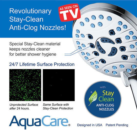 AquaCare High Pressure 8-mode Handheld Shower Head - Anti-clog Nozzles, Built-in Power Wash to Clean Tub, Tile & Pets, Extra Long 6 ft. Stainless Steel Hose, Wall & Overhead Brackets Hotel Spa
