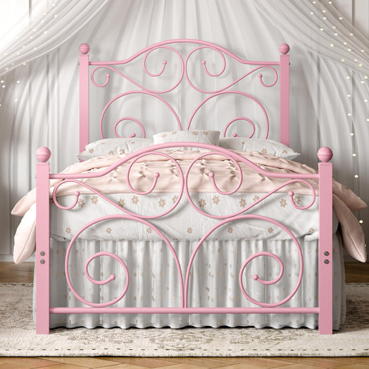VECELO Twin Size Bed Frame with Headboard and Footboard, Heavy Duty Metal Slat Support, Platform Mattress Foundation, No Box Spring Needed, Easy Assembly, Pink VECELO