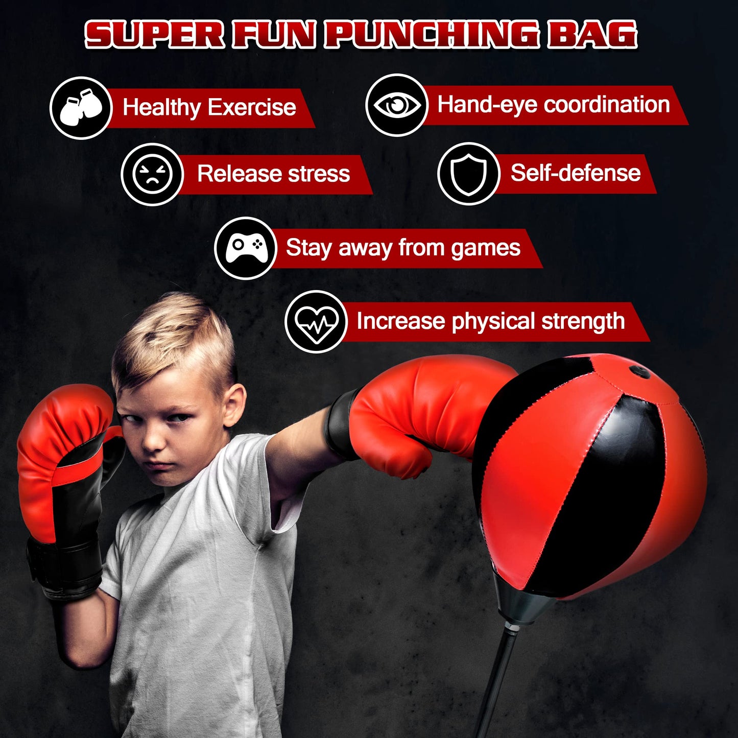Height Adjustable Punching Bag Set for Kids Ages 3-8+ with Boxing Gloves, Ideal Birthday for Boys & Girls NATGGZ