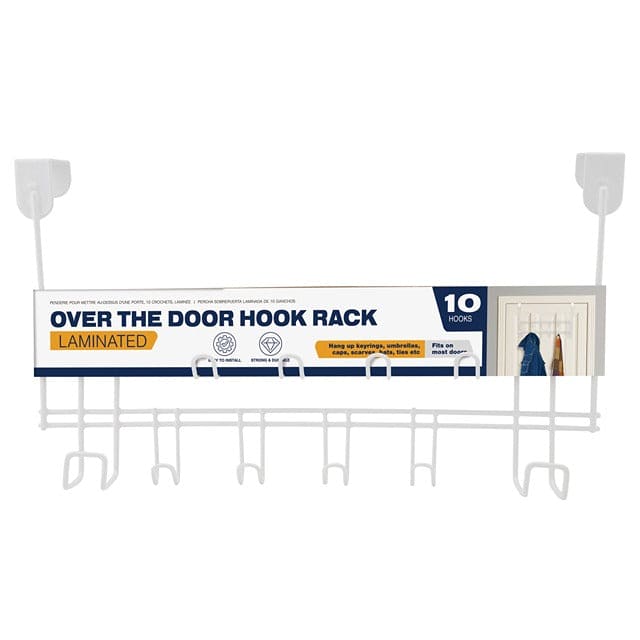 Over the Door Hook Rack Laminated 10 Hooks. Hang up keyrings, umbrellas, caps, scarves, hats, ties etc- BL0053 MEGA
