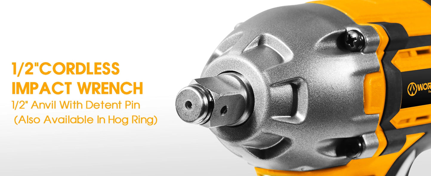 WORKSITE Brushless Cordless Impact Wrench 1/2 Inch 20V High Torque 4.0Ah Battery 280 ft-lbs(380 Nm) Impact Gun Tools No.CIW336 Worksite Power Tools