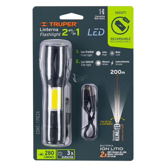TRUPER 2 IN 1 ALUMINUM LED FLASHLIGHT- With Brightness of 270 lm (front), 280 lm (side)-100371 MEGA