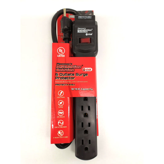 Pipeman’s Installation Solution 6 Outlet Surge Protector 1875 W Capacity Be sure that your electronic devices are safe during sudden outages with this Hyper Tough Surge Protector -PROTECTX-612J Hannah's Variety Store