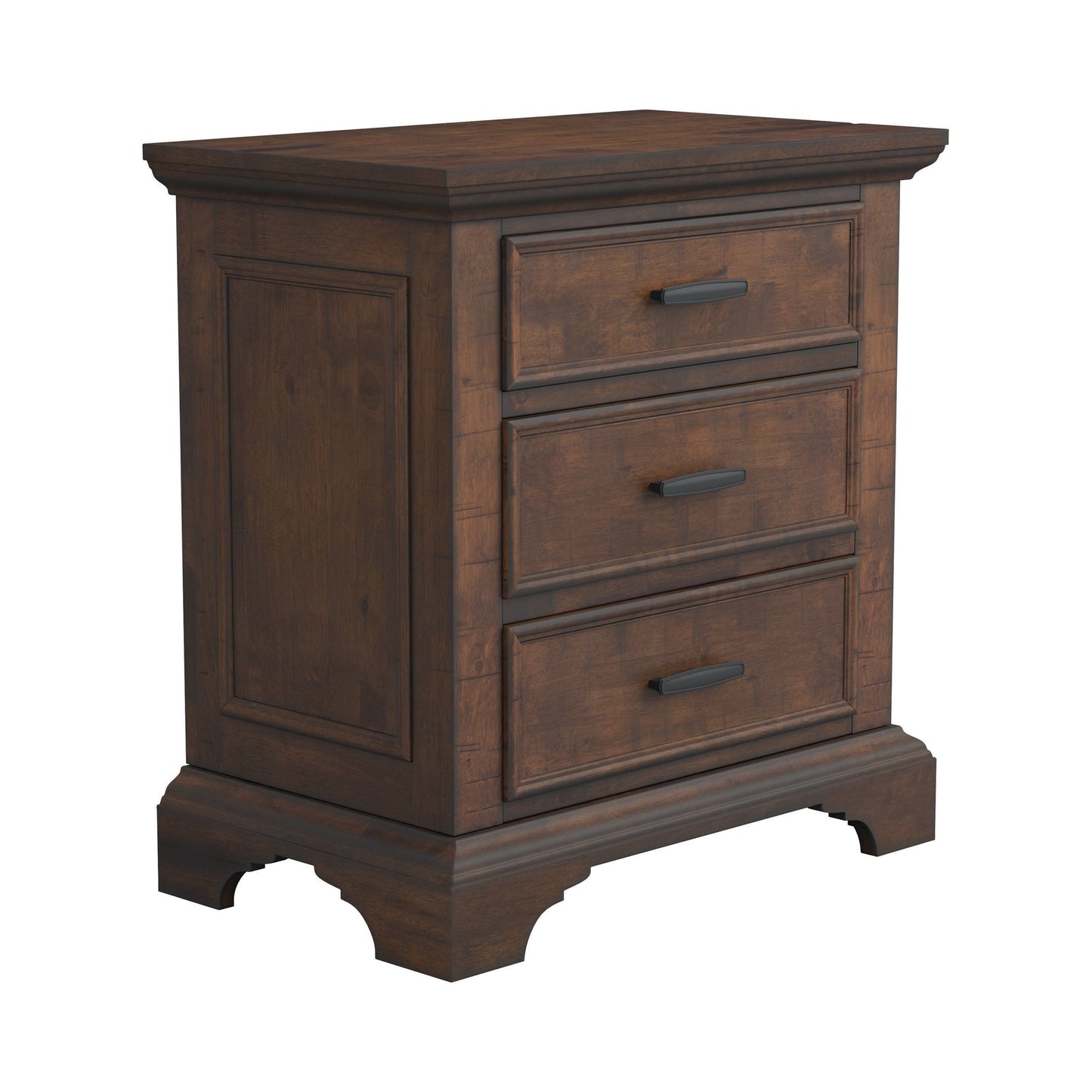 Elk Grove 3-Drawer Nightstand Vintage Bourbon Collection, Craft A Rustic Look In A Bedroom With The Warm Hues From This Three-Drawer Nightstand. The Smooth Front Meets The Depth From The Rough Sawn Planks Placed Vertically On The Sides. SKU: 203892 coastmega