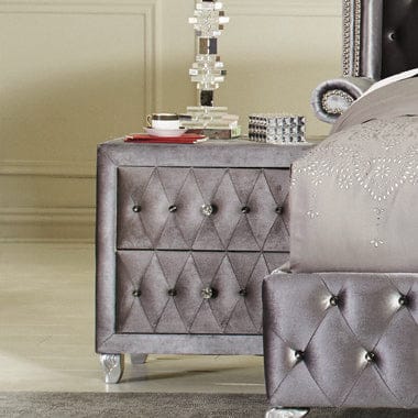 Deanna 2-Drawer Rectangular Nightstand Grey Collection: This 2-Drawer Nightstand Add Structure And Glamour To Any Stylish Bedroom, The Stylish Button-Tufted Upholstery: Deanna SKU: 205102 coastmega