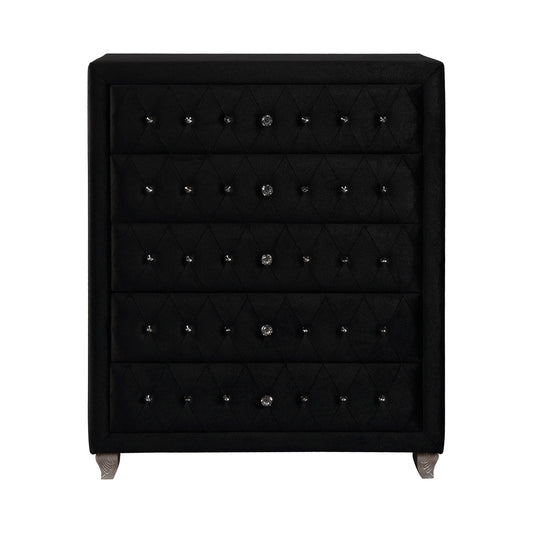 Deanna 5-Drawer Rectangular Chest Black Collection: Craft A Sophisticated Aura In A Bedroom With This Five Drawer Black Chest, Crystal Button Diamond Tufting Dress Up The Drawers: Deanna SKU: 206105 coastmega