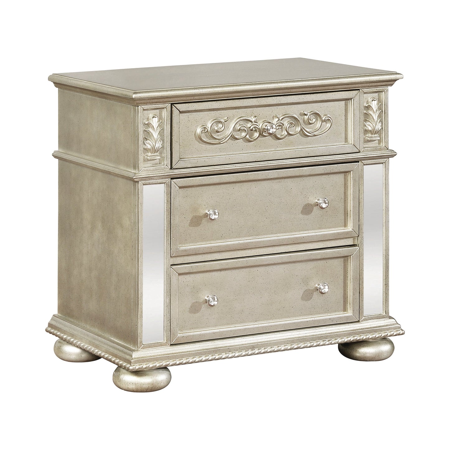 Heidi 3-Drawer Nightstand Metallic Platinum Collection: Gives A Glamorous Look, Enough Space For Needed Items, Heidi SKU: 222732 coastmega