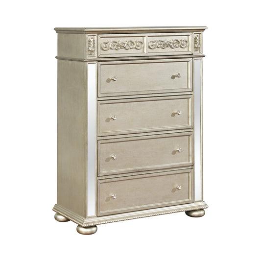 Heidi 5-Drawer Chest Metallic Platinum Collection: Add Valuable Storage Space To A Glam Bedroom, Gives A Luxurious Look, Two Small Drawers Offer Space To Organize Delicate Items, Other Drawers Plenty Of Storage For Clothing Or Bedding: Heidi SKU: 222735 coastmega