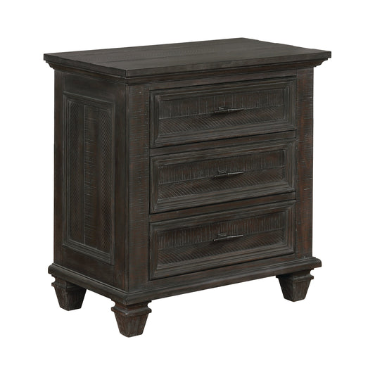 Atascadero 3-Drawer Nightstand Weathered Carbon Collection: Rough Sawn Effect Brings A Hint Of The Rustic To This Nightstand. Connect Your Devices With The Built In USB Charging Ports. Drawers Float Open And Closed Along 45MM Metal Glides. SKU: 222882 coastmega