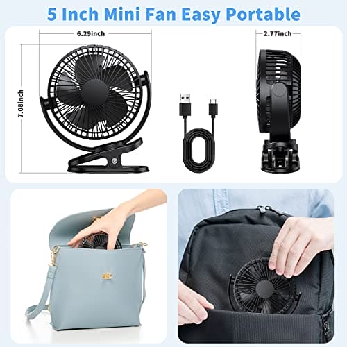 ATEngeus USB Fan, Rechargeable Portable Fan, Clip on Fan, Battery Operated Fan, 3 Speeds, 5000mAh USB Desk Fan, 720°Rotation, Sturdy Clamp for home, Camping, Treadmill and car EBUYSTT