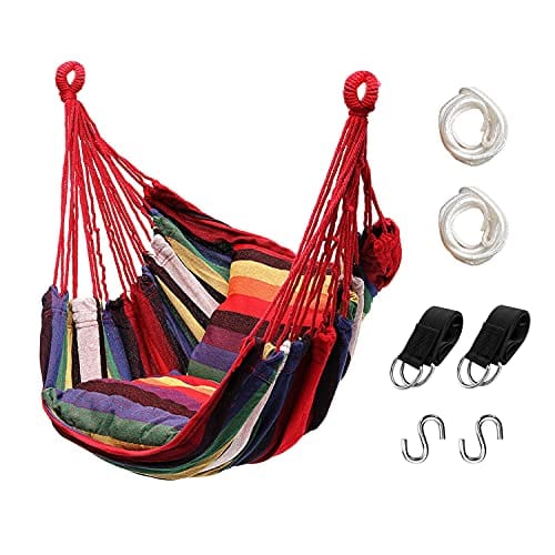 Hammock Chair Hanging Rope Swing, Max 300 Lbs Hanging Chair with Pocket- Quality Cotton Weave for Superior Comfort & Durability Perfect for Outdoor, Home, Bedroom, Patio, Yard (Colorful) ebuystt