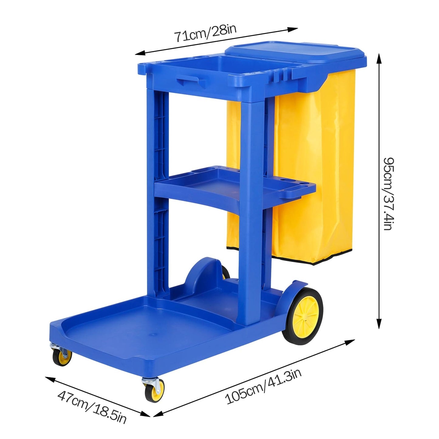 tonchean Commercial Janitorial Cart 3 Shelf, Housekeeping Janitor Cleaning cart, 200 Lbs Large Capacity Janitorial cart, Wheeled with 22 Gallon Yellow Vinyl Bag and Cover lid, Blue tonchean