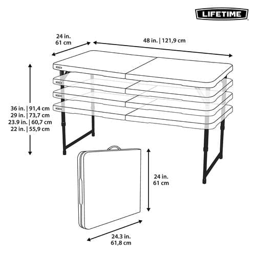 Lifetime Folding Table 4' Rectangular Lifetime 4 Foot Adjustable Fold In Half Tables are constructed of high density polyethylene and have three adjustable height settings - 4429 Hannah Frederick