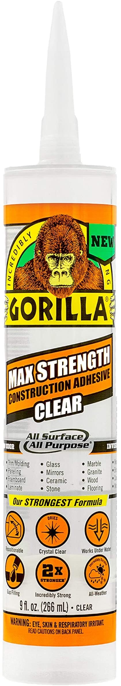 Gorilla Max Strength Clear Construction Adhesive, 9 ounce Cartridge, (Pack of 1) BONDS: Glass, Ceramic, Stone, Tile, Wet Surfaces, Landscaping, Decks, Trim/Molding, Metal, and More!- 8212302 MEGA