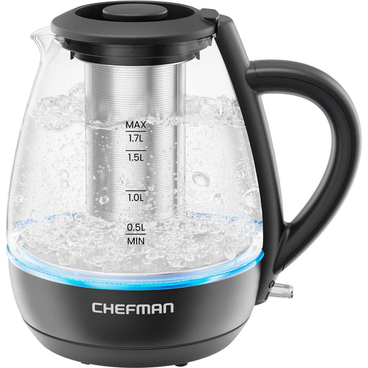 Chefman Electric Kettle with Tea Infuser, 1.7L 1500W, Removable Lid for Easy Cleaning, Boil-Dry Protection, Stainless Steel Filter, BPA Free, Auto Shut Off Hot Water Boiler, Glass Electric Tea Kettle EBUYSTT