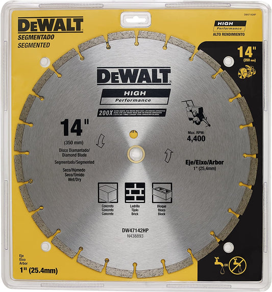 Dewalt Diamond Blade Segmented 14" (350MM) Wet/Dry Use for general purpose cutting of cured concrete, pavers, brick, block, bluestone, flagstone or any similar materials - DW47142HP MEGA