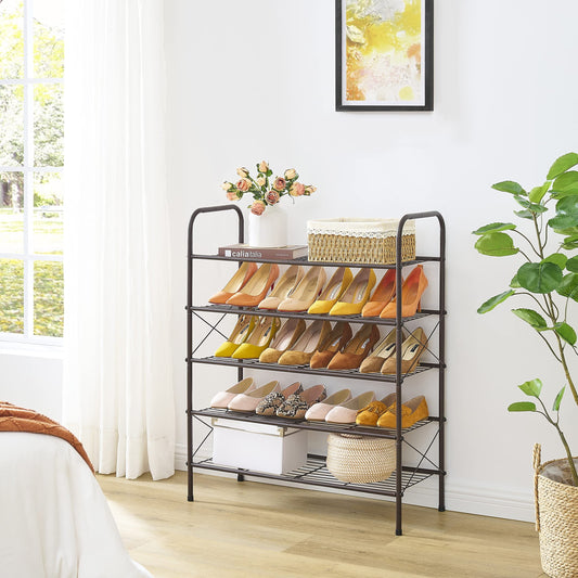 Tajsoon 5-Tier Freestanding Shoe Rack Organizer, Adjustable & Expandable Shoe Storage Shelf for Entryway, Metal Wire Grid with X Shape Fixed Frame, Bronze Tajsoon