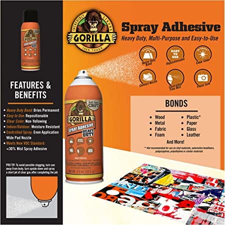 Gorilla Multipurpose Heavy Duty Spray Adhesive, 11oz, Clear - 6314401 MEGA