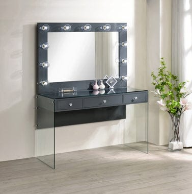 3-Drawer Vanity Desk With Lighting Mirror Grey High Gloss Complete with a smooth, grey high gloss lacquer finish across the tabletop and mirror frame- 935923 coastmega