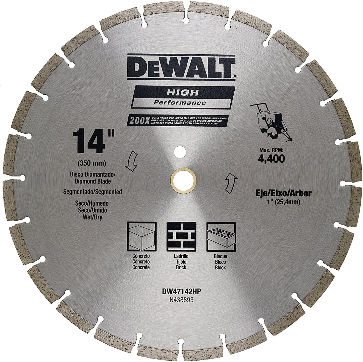 Dewalt Diamond Blade Segmented 14" (350MM) Wet/Dry Use for general purpose cutting of cured concrete, pavers, brick, block, bluestone, flagstone or any similar materials - DW47142HP MEGA