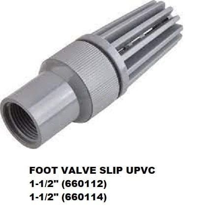 Plastic Foot Valve Slip UPVC For use with jet and centrifugal pumps to filter debris from lakes, wells and ponds. 1 in. female NPT threads Molded of polymer materials – Spring Loaded Works in any position, vertical-horizontal MEGA