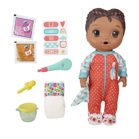 HASBRO Baby Alive Mix My Medicine Baby: Includes doll, diaper, medicine cup and dropper, 2 packets of doll medicine, interactive thermometer, removable pajamas, bandage stickers, tissue, and instructions - E6941 ebuystt