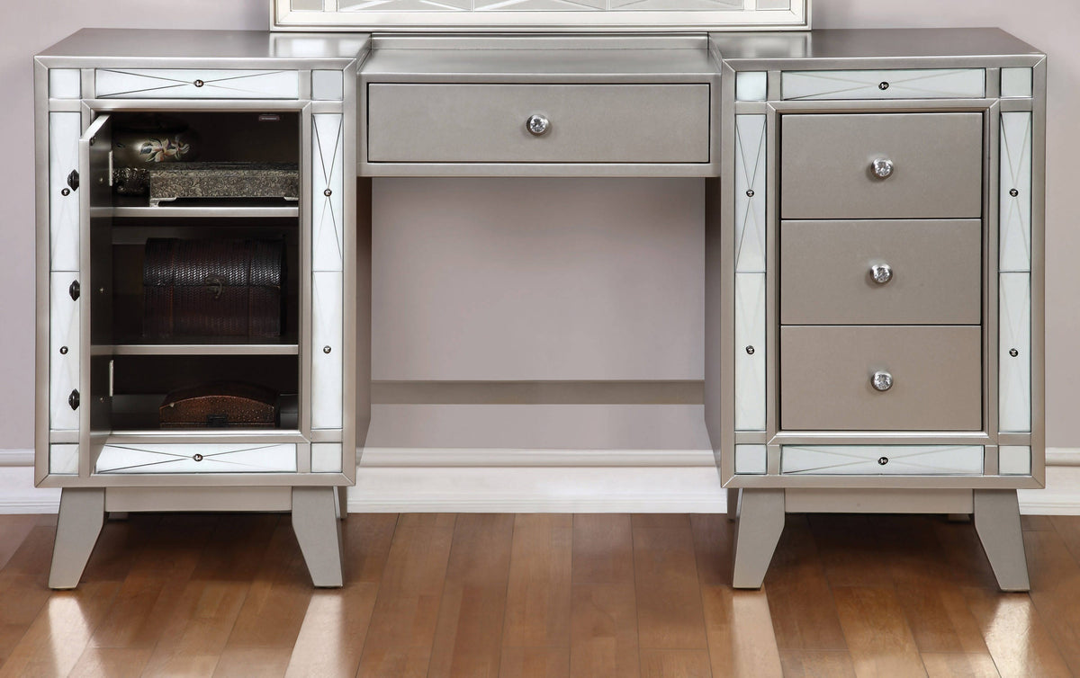 Leighton Vanity Desk And Stool Metallic Mercury Collection: Add Modern Glamour With This Vanity Desk And Stool Set, Etched Mirror Panel Along The Sides Of The Stool And Vanity Front Reflect Light Beautifully Throughout A Space. Leighton SKU: 204927 coastmega