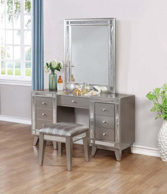 Leighton Vanity Desk And Stool Metallic Mercury Collection: Add Modern Glamour With This Vanity Desk And Stool Set, Etched Mirror Panel Along The Sides Of The Stool And Vanity Front Reflect Light Beautifully Throughout A Space. Leighton SKU: 204927 coastmega