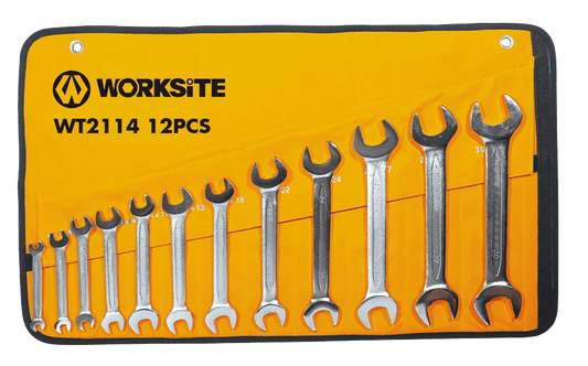 Worksite Double Open End Wrench 12pc Set, Metric. Full Polished Spanners with Chrome Plating, Made with Forged and Heat-Treated Carbon Steel, Include Roll-up Storage Pouch, Metric up to 22mm, Mirror Finish WT2114 Worksite Hand Tools
